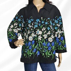 2/$50 Silkland Woman 1X Black Floral 100% Silk Shell Blouse